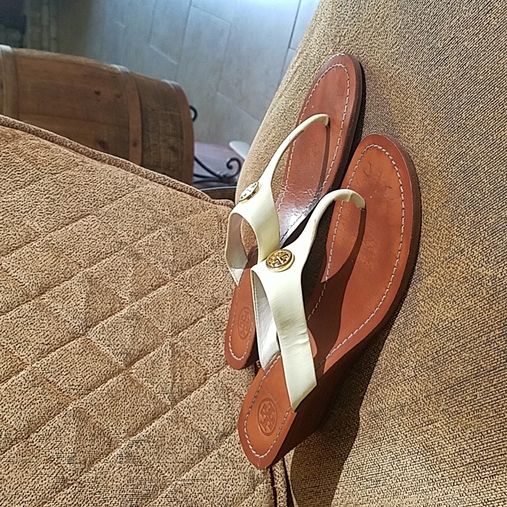 Tory Burch Cameron Thong Wedge Heel Sandals Shoes white
